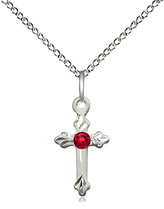 Sterling Silver Cross Pendant with a 3mm Ruby Swarovski stone on a 18 inch Sterling Silver Light Curb chain