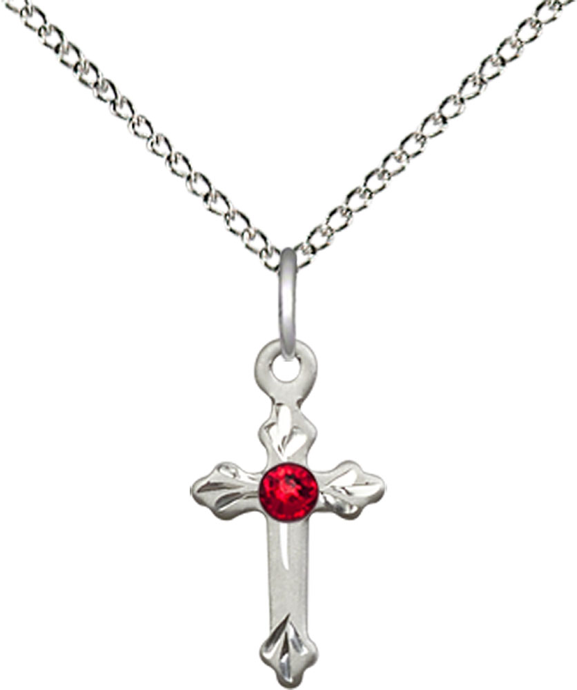 Sterling Silver Cross Pendant with a 3mm Ruby Swarovski stone on a 18 inch Sterling Silver Light Curb chain