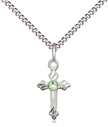 Sterling Silver Cross Pendant with a 3mm Peridot Swarovski stone on a 18 inch Light Rhodium Light Curb chain