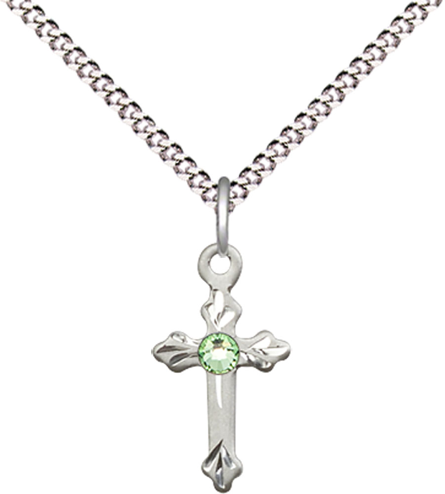 Sterling Silver Cross Pendant with a 3mm Peridot Swarovski stone on a 18 inch Light Rhodium Light Curb chain