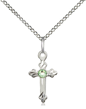 Sterling Silver Cross Pendant with a 3mm Peridot Swarovski stone on a 18 inch Sterling Silver Light Curb chain