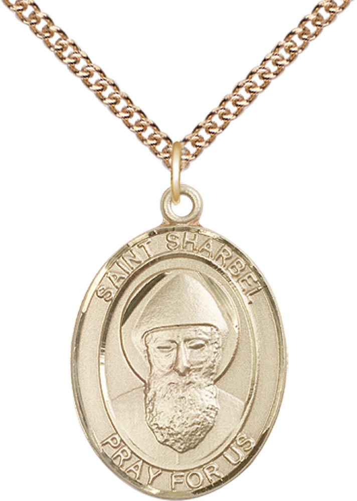 14kt Gold Filled Saint Sharbel Pendant on a 24 inch Gold Filled Heavy Curb chain