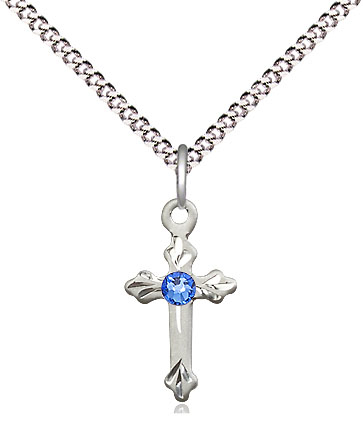 Sterling Silver Cross Pendant with a 3mm Sapphire Swarovski stone on a 18 inch Light Rhodium Light Curb chain