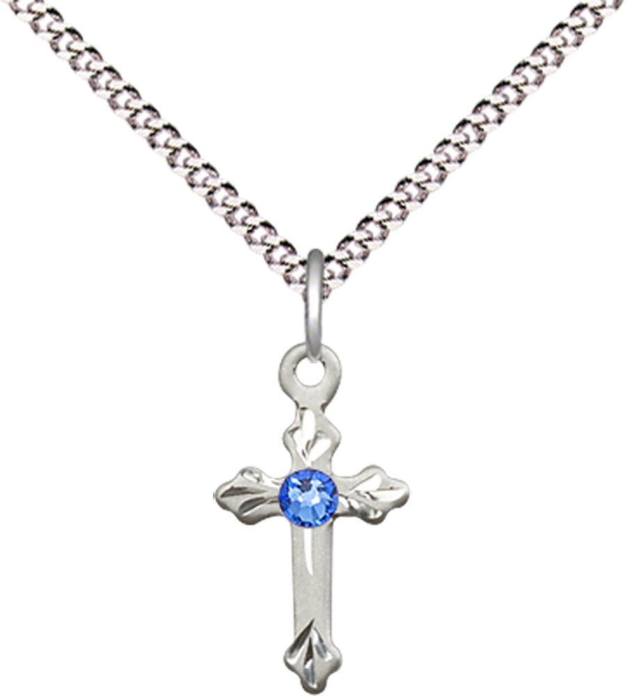 Sterling Silver Cross Pendant with a 3mm Sapphire Swarovski stone on a 18 inch Light Rhodium Light Curb chain