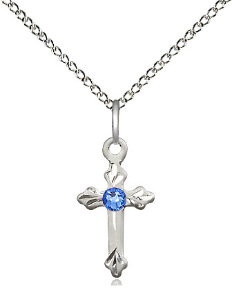 Sterling Silver Cross Pendant with a 3mm Sapphire Swarovski stone on a 18 inch Sterling Silver Light Curb chain