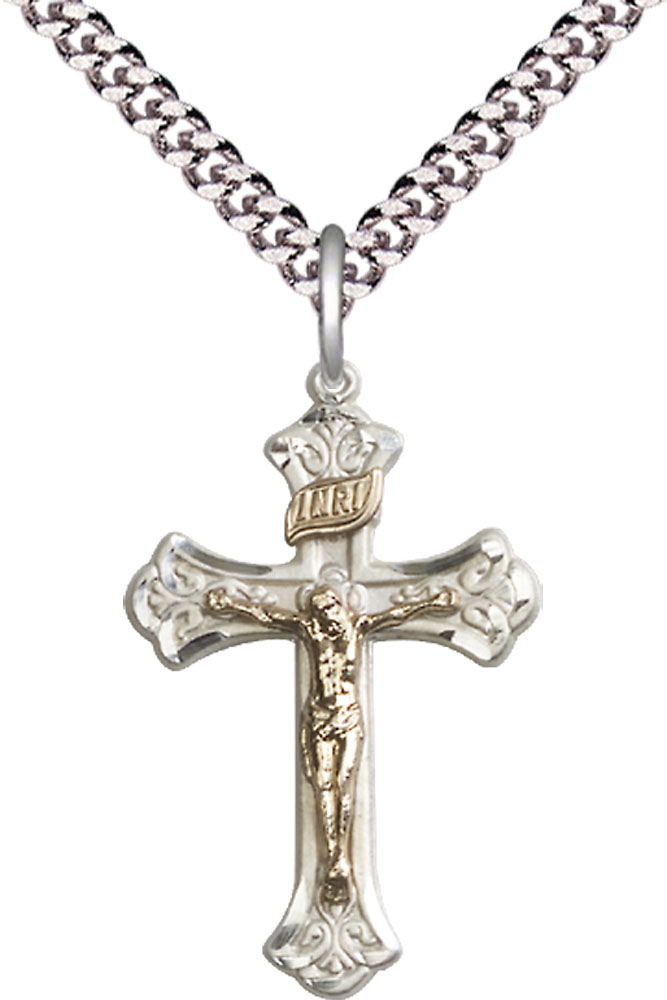 Two-Tone GF/SS Crucifix Pendant on a 24 inch Light Rhodium Heavy Curb chain