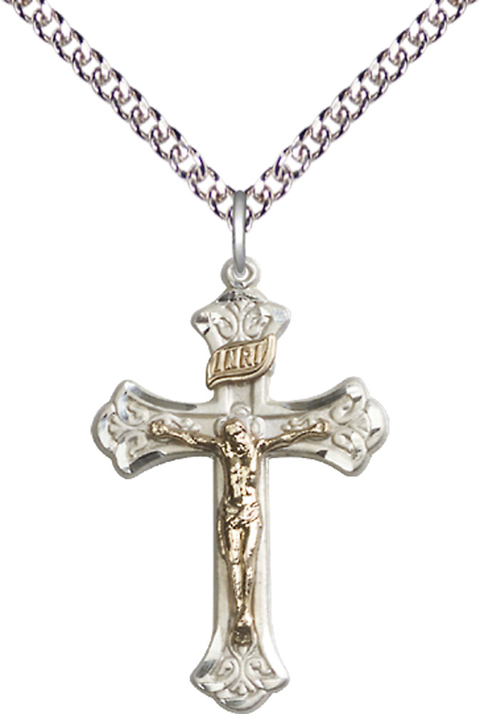 Two-Tone GF/SS Crucifix Pendant on a 24 inch Sterling Silver Heavy Curb chain
