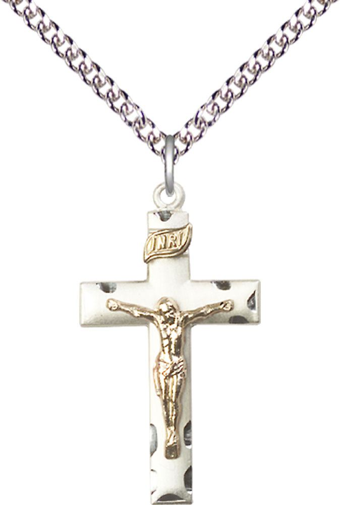 Two-Tone GF/SS Crucifix Pendant on a 24 inch Sterling Silver Heavy Curb chain