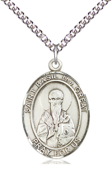 Sterling Silver Saint Basil the Great Pendant on a 24 inch Sterling Silver Heavy Curb chain