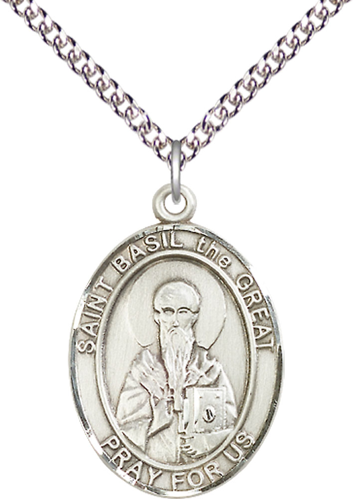 Sterling Silver Saint Basil the Great Pendant on a 24 inch Sterling Silver Heavy Curb chain