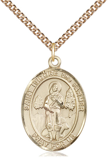 14kt Gold Filled Saint Isidore the Farmer Pendant on a 24 inch Gold Filled Heavy Curb chain