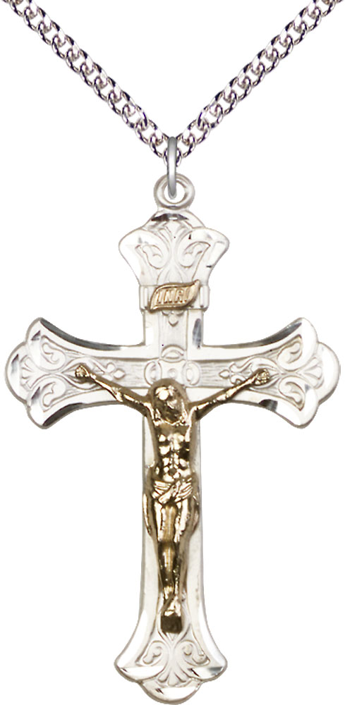 Two-Tone GF/SS Crucifix Pendant on a 24 inch Sterling Silver Heavy Curb chain