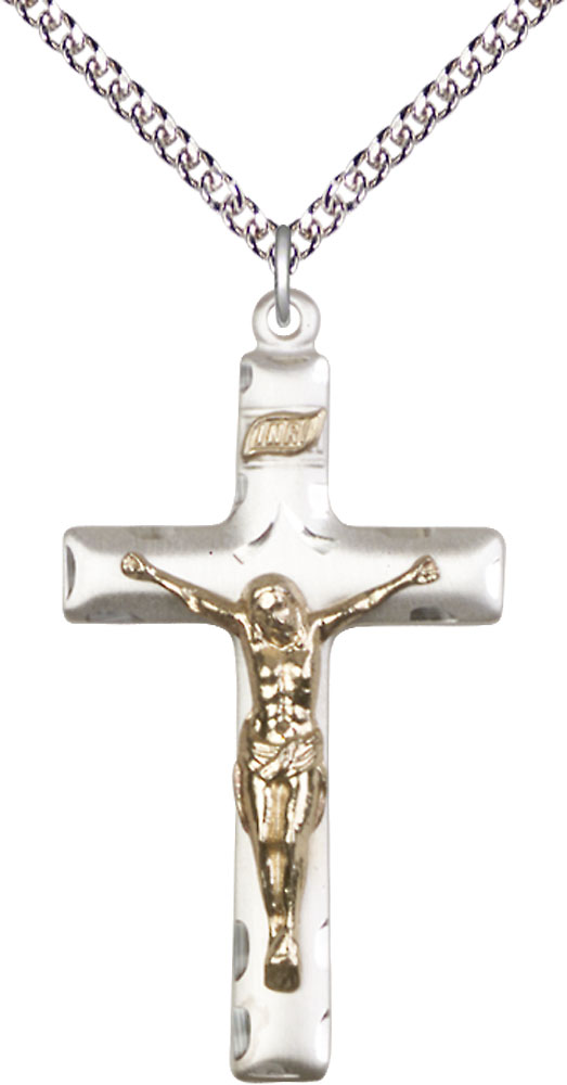 Two-Tone GF/SS Crucifix Pendant on a 24 inch Sterling Silver Heavy Curb chain