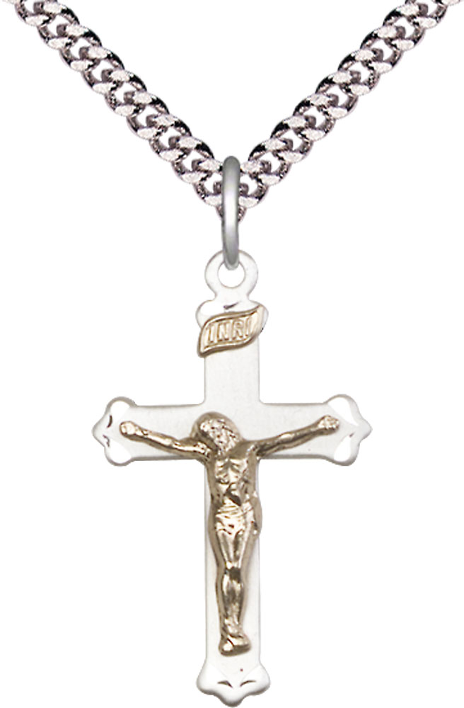 Two-Tone GF/SS Crucifix Pendant on a 24 inch Light Rhodium Heavy Curb chain