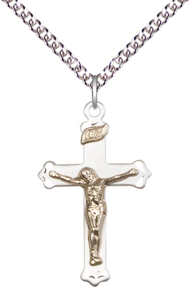 Two-Tone GF/SS Crucifix Pendant on a 24 inch Sterling Silver Heavy Curb chain