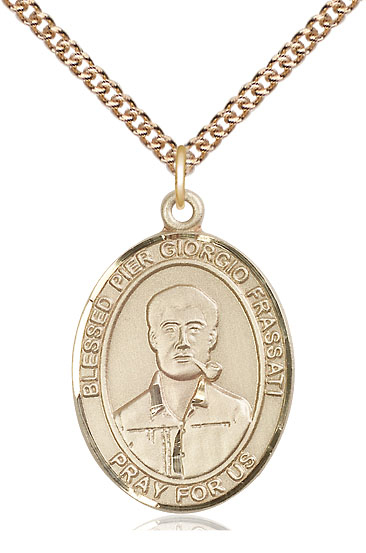 14kt Gold Filled Blessed Pier Giorgio Frassati Pendant on a 24 inch Gold Filled Heavy Curb chain