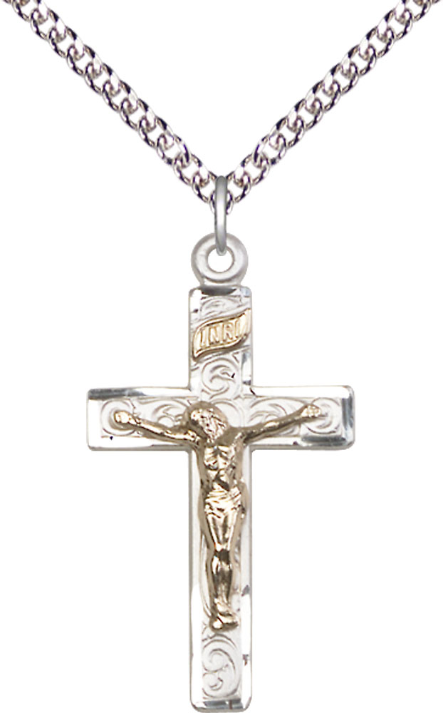 Two-Tone GF/SS Crucifix Pendant on a 24 inch Sterling Silver Heavy Curb chain