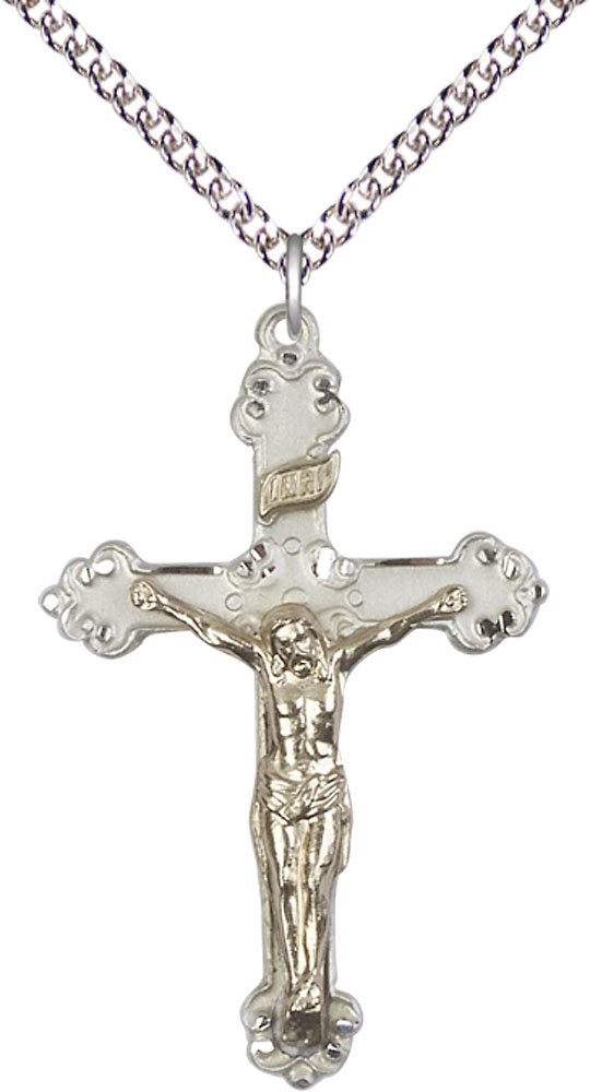Two-Tone GF/SS Crucifix Pendant on a 24 inch Sterling Silver Heavy Curb chain