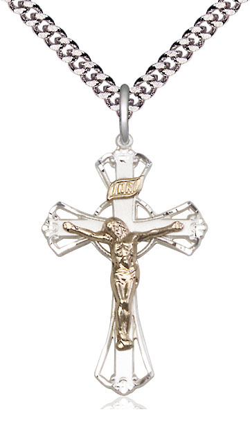 Two-Tone GF/SS Crucifix Pendant on a 24 inch Light Rhodium Heavy Curb chain