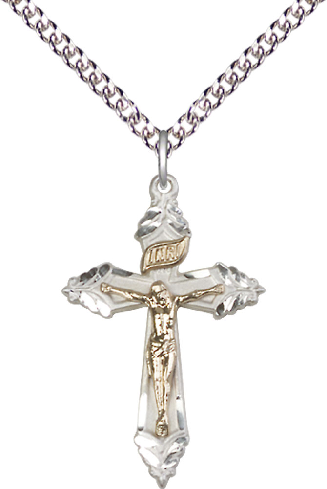Two-Tone GF/SS Crucifix Pendant on a 24 inch Sterling Silver Heavy Curb chain