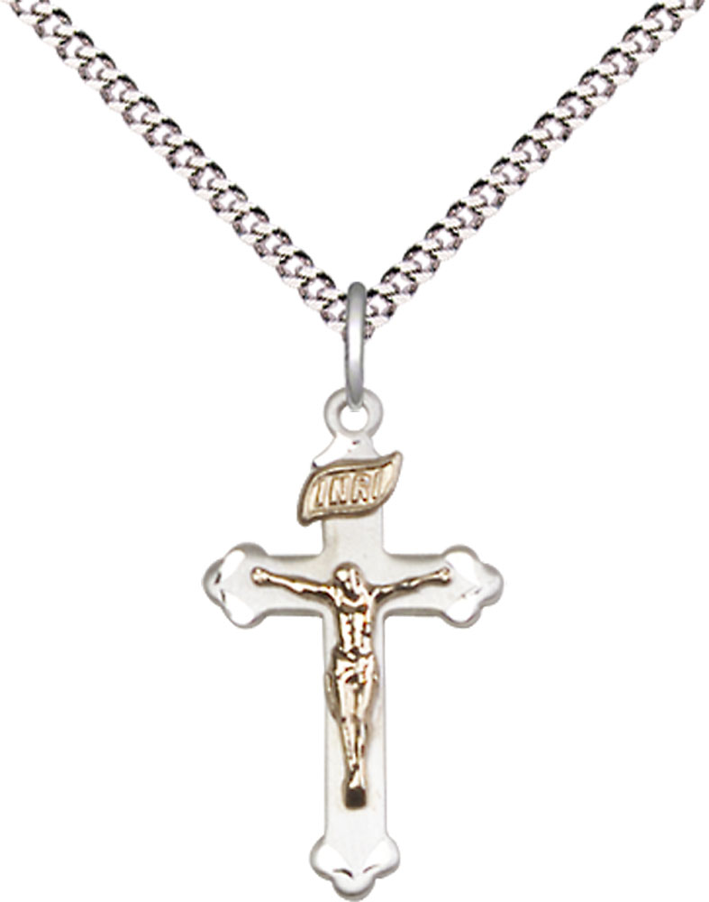 Two-Tone GF/SS Crucifix Pendant on a 18 inch Light Rhodium Light Curb chain