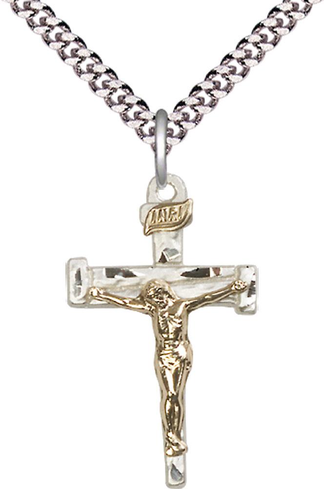 Two-Tone GF/SS Nail Crucifix Pendant on a 24 inch Light Rhodium Heavy Curb chain