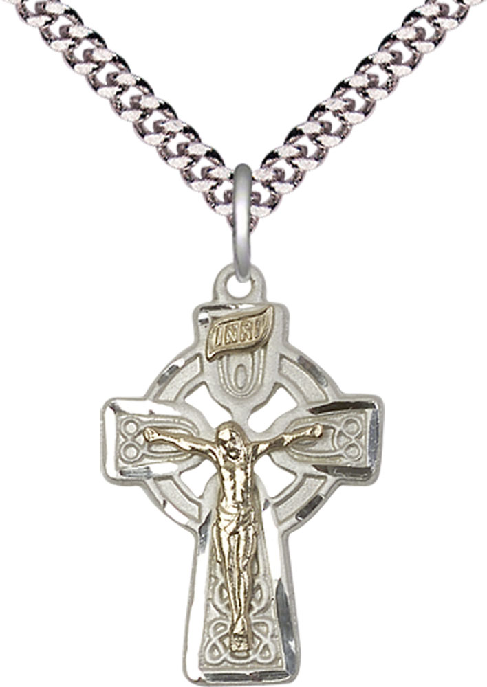 Two-Tone GF/SS Celtic Crucifix Pendant on a 24 inch Light Rhodium Heavy Curb chain