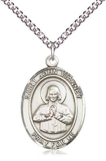 Sterling Silver Saint John Vianney Pendant on a 24 inch Sterling Silver Heavy Curb chain