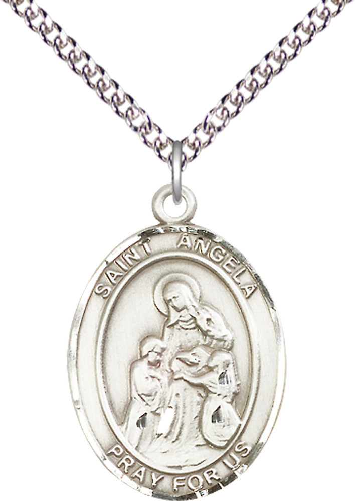 Sterling Silver Saint Angela Merici Pendant on a 24 inch Sterling Silver Heavy Curb chain
