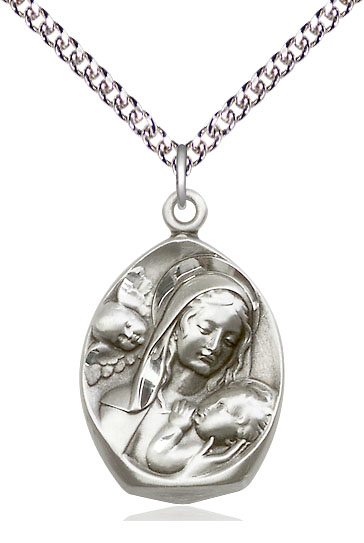 Sterling Silver Madonna &amp; Child Pendant on a 24 inch Sterling Silver Heavy Curb chain