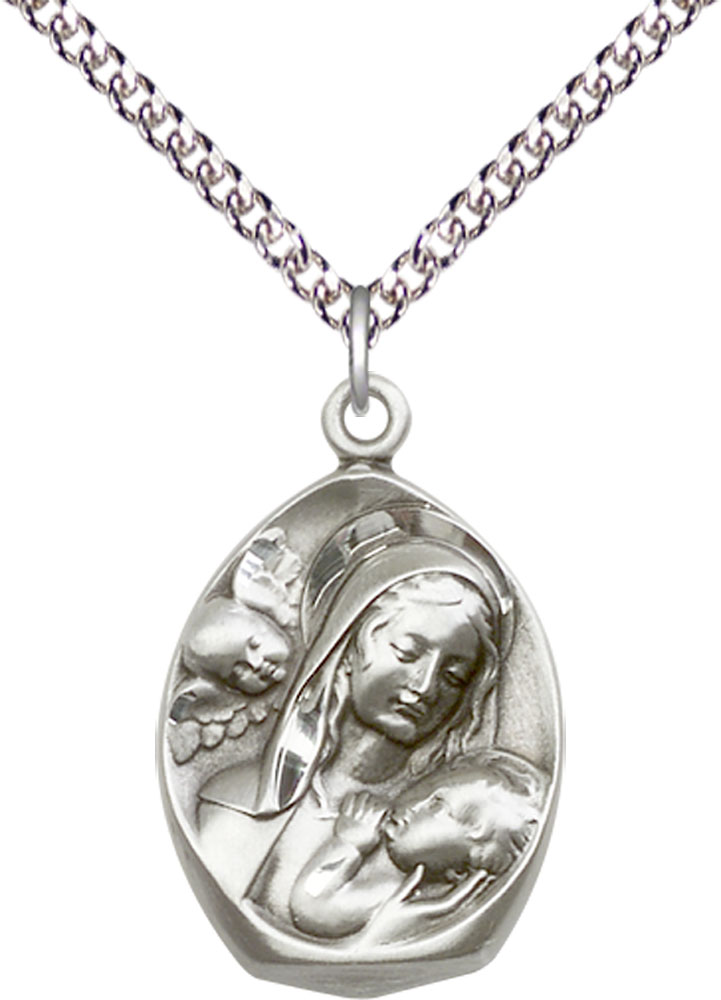 Sterling Silver Madonna &amp; Child Pendant on a 24 inch Sterling Silver Heavy Curb chain
