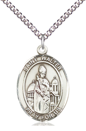 Sterling Silver Saint Walter of Pontnoise Pendant on a 24 inch Sterling Silver Heavy Curb chain
