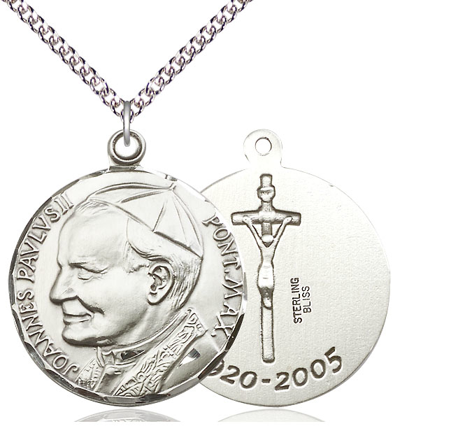 Sterling Silver Saint John Paul II Pendant on a 24 inch Sterling Silver Heavy Curb chain