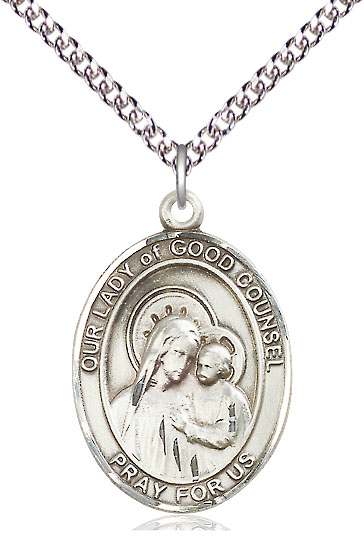 Sterling Silver Our Lady of Good Counsel Pendant on a 24 inch Sterling Silver Heavy Curb chain