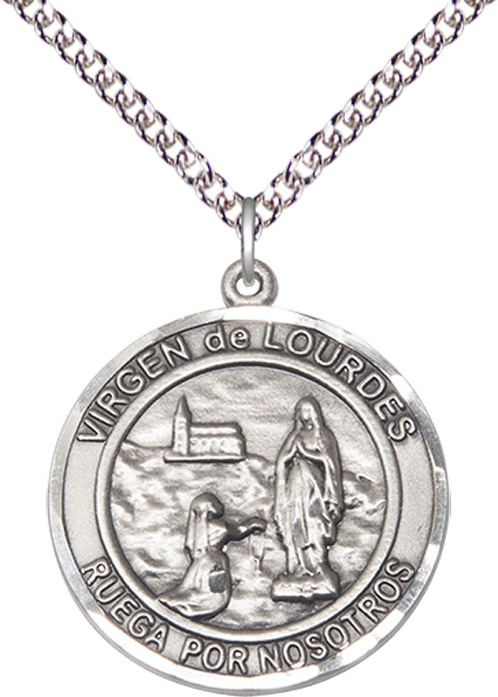 Sterling Silver Virgen de Lourdes Pendant on a 24 inch Sterling Silver Heavy Curb chain