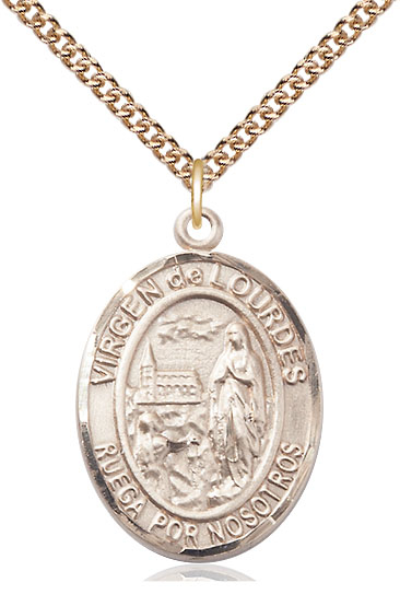 14kt Gold Filled Virgen de Lourdes Pendant on a 24 inch Gold Filled Heavy Curb chain