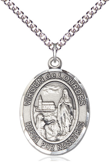 Sterling Silver Virgen de Lourdes Pendant on a 24 inch Sterling Silver Heavy Curb chain