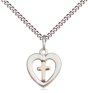 Two-Tone GF/SS Heart Cross Pendant on a 18 inch Light Rhodium Light Curb chain