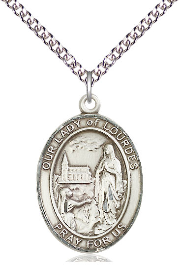 Sterling Silver Our Lady of Lourdes Pendant on a 24 inch Sterling Silver Heavy Curb chain