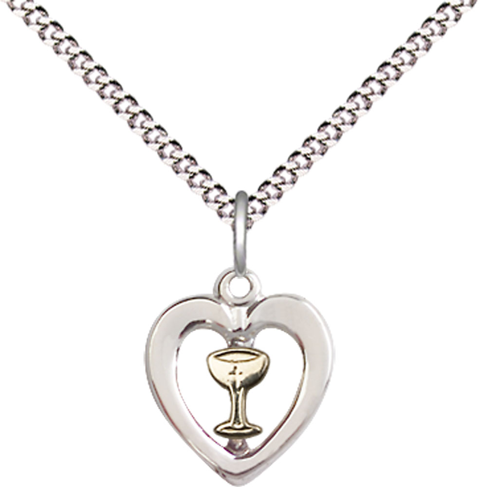 Two-Tone GF/SS Heart / Chalice Pendant on a 18 inch Light Rhodium Light Curb chain