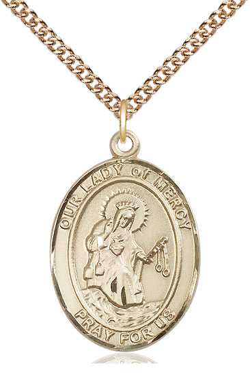 14kt Gold Filled Our Lady of Mercy Pendant on a 24 inch Gold Filled Heavy Curb chain