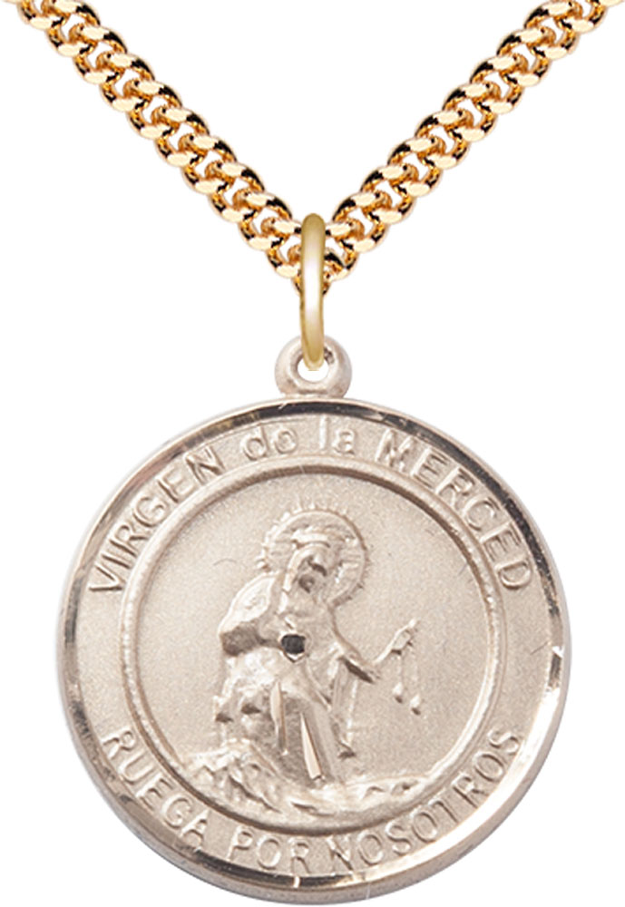 14kt Gold Filled Virgen de la Merce Pendant on a 24 inch Gold Filled Heavy Curb chain