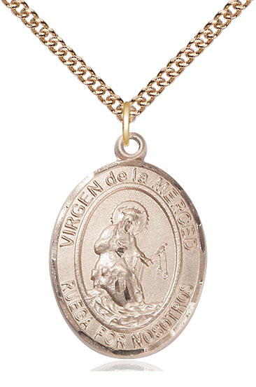 14kt Gold Filled Virgen de la Merced Pendant on a 24 inch Gold Filled Heavy Curb chain