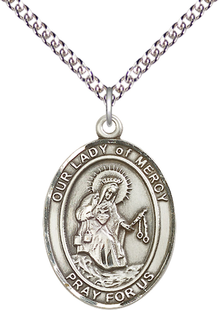 Sterling Silver Our Lady of Mercy Pendant on a 24 inch Sterling Silver Heavy Curb chain