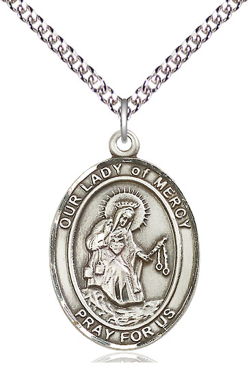 Sterling Silver Our Lady of Mercy Pendant on a 24 inch Sterling Silver Heavy Curb chain