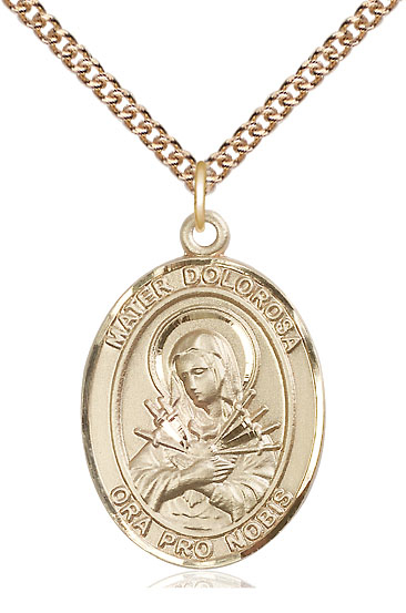 14kt Gold Filled Mater Dolorosa Pendant on a 24 inch Gold Filled Heavy Curb chain