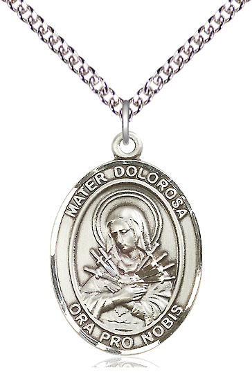Sterling Silver Mater Dolorosa Pendant on a 24 inch Sterling Silver Heavy Curb chain