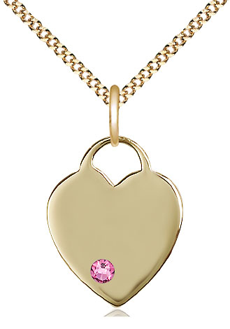 14kt Gold Filled Heart Pendant with a 3mm Rose Swarovski stone on a 18 inch Gold Plate Light Curb chain