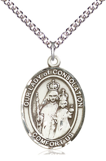 Sterling Silver Our Lady of Consolation Pendant on a 24 inch Sterling Silver Heavy Curb chain