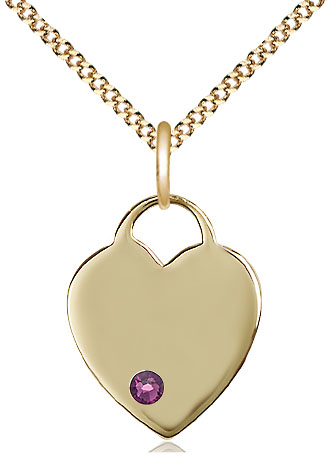 14kt Gold Filled Heart Pendant with a 3mm Amethyst Swarovski stone on a 18 inch Gold Plate Light Curb chain